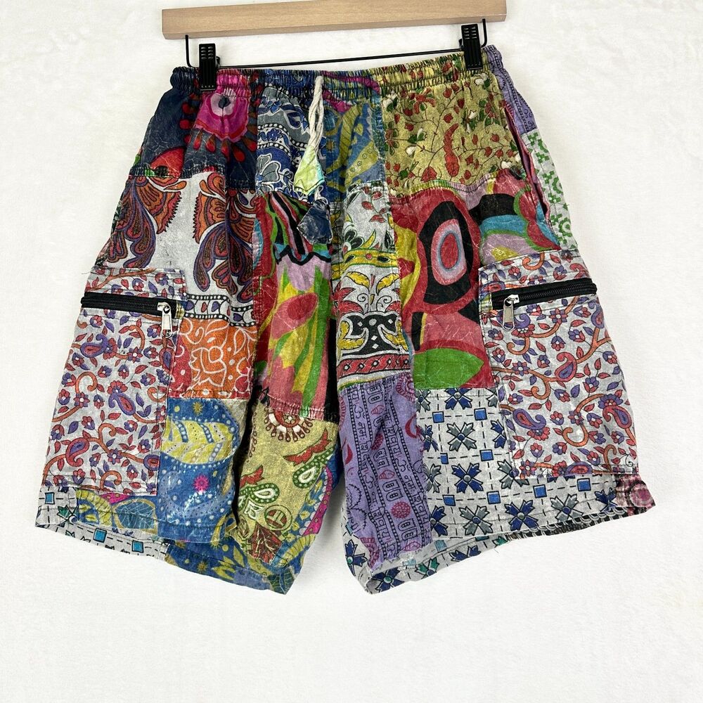 Blue Gecko Patchwork Shorts Size S/M Hippie Boho Cotton Cargo Pockets Festival